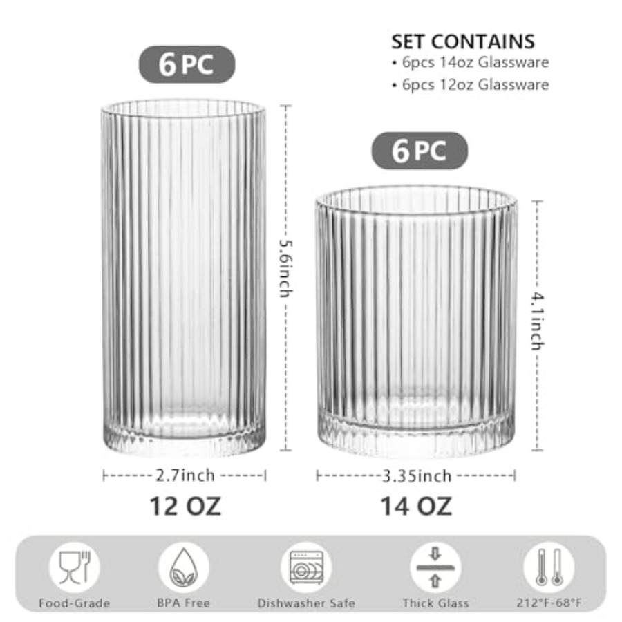 12Piece Ribbed Glassware Set w – обзор и цена Highball Glass Set